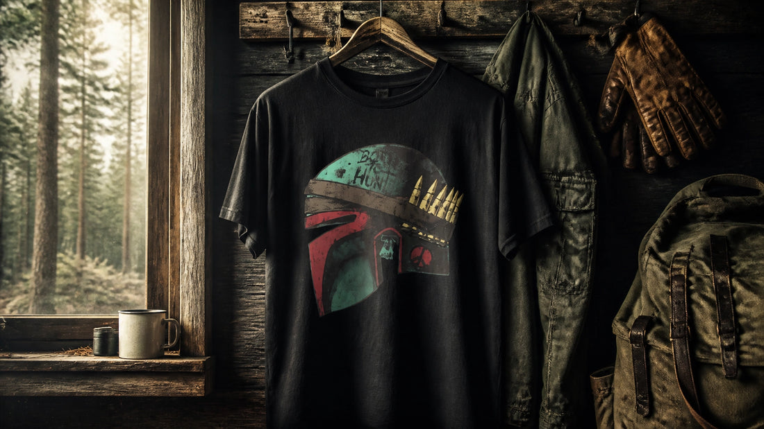Rugged black outdoor graphic T-shirt displayed in a hunting cabin