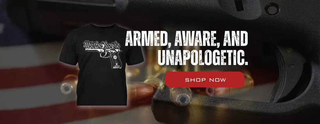 We The People graphic T-shirt with a patriotic firearm and American flag design