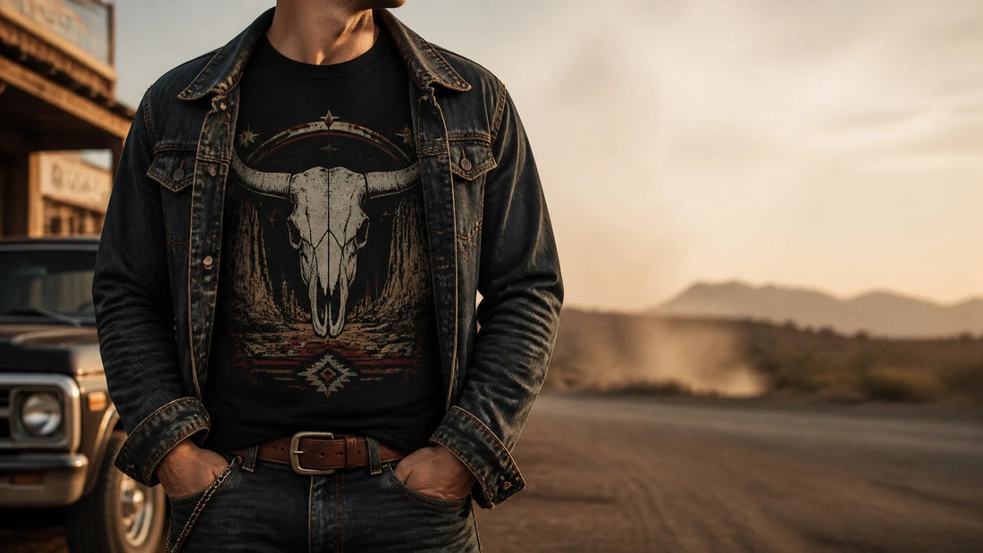 Tombstone-inspired western graphic T-shirt display with a cowboy hat, leather gloves, brass cartridges, and distressed Old We