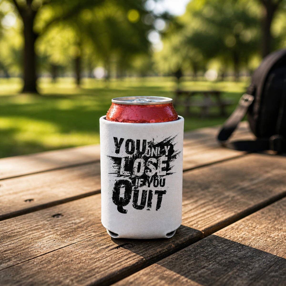 You Only Lose If You Quit - Can Cooler 6-Pack — foam can cooler with drinking-humor graphic — Reborn XII