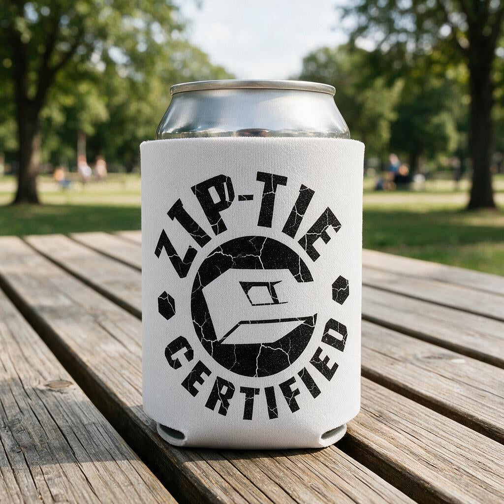 Zip Tie Certified - Can Cooler 6-Pack — foam can cooler with drinking-humor graphic — Reborn XII