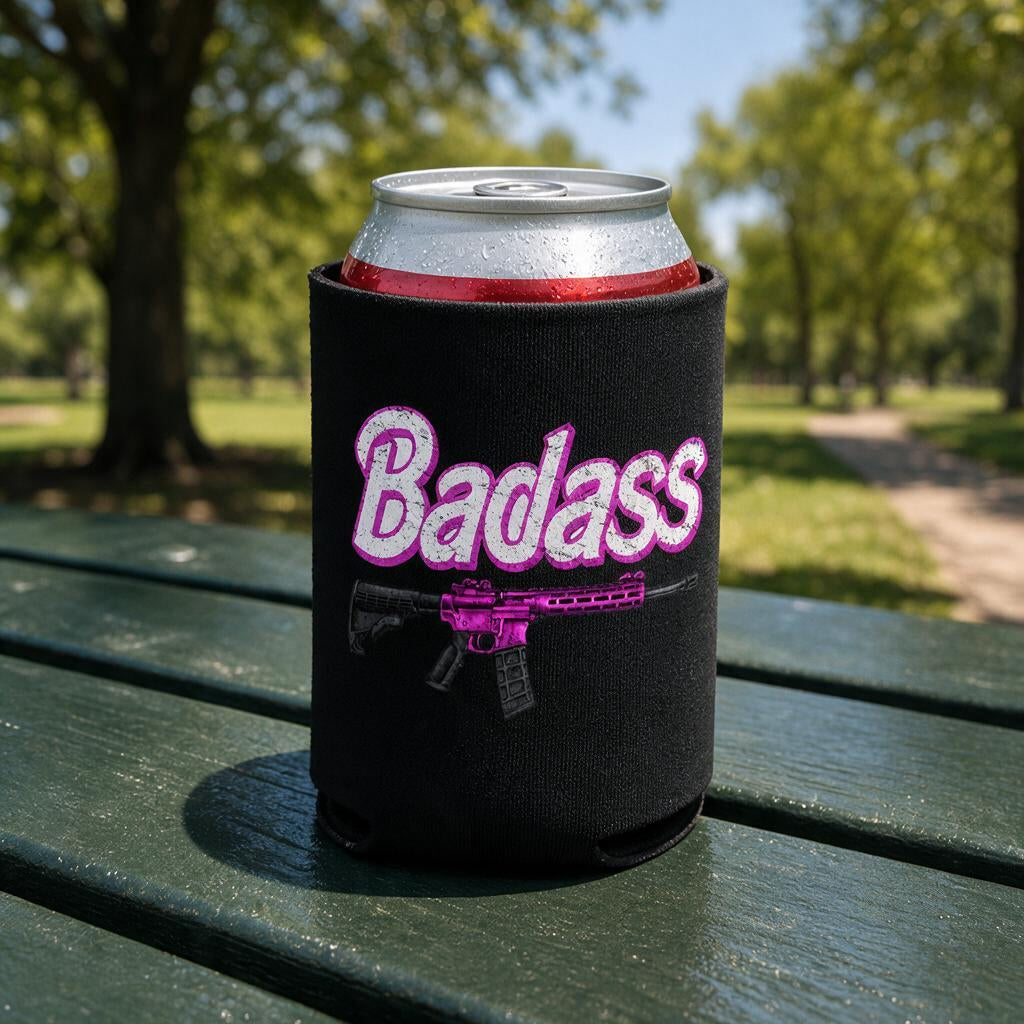 Badass Woman - Can Cooler 6-Pack — foam can cooler with drinking-humor graphic — Reborn XII