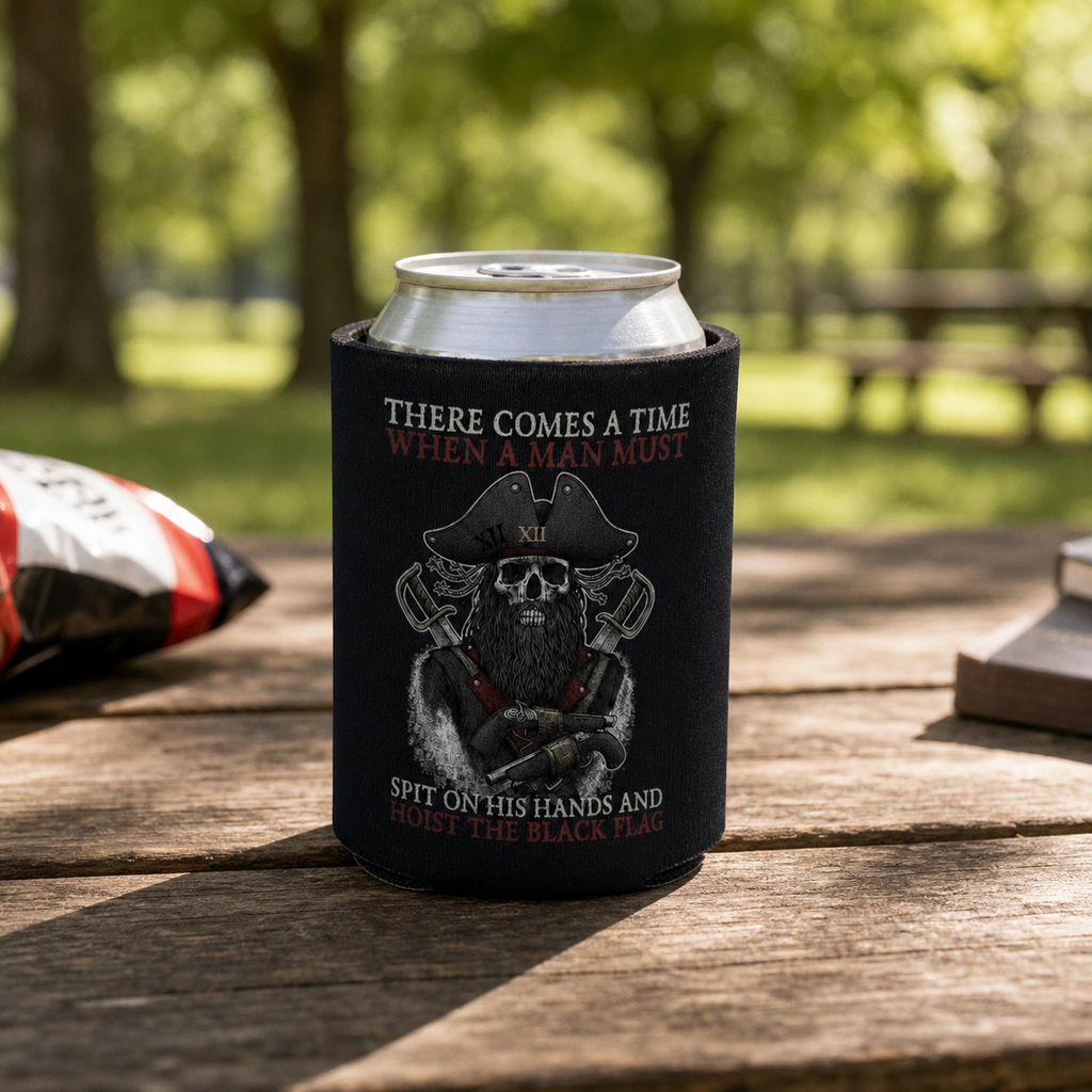 Hoist The Black Flag - Can Cooler 6-Pack — foam can cooler with drinking-humor graphic — Reborn XII