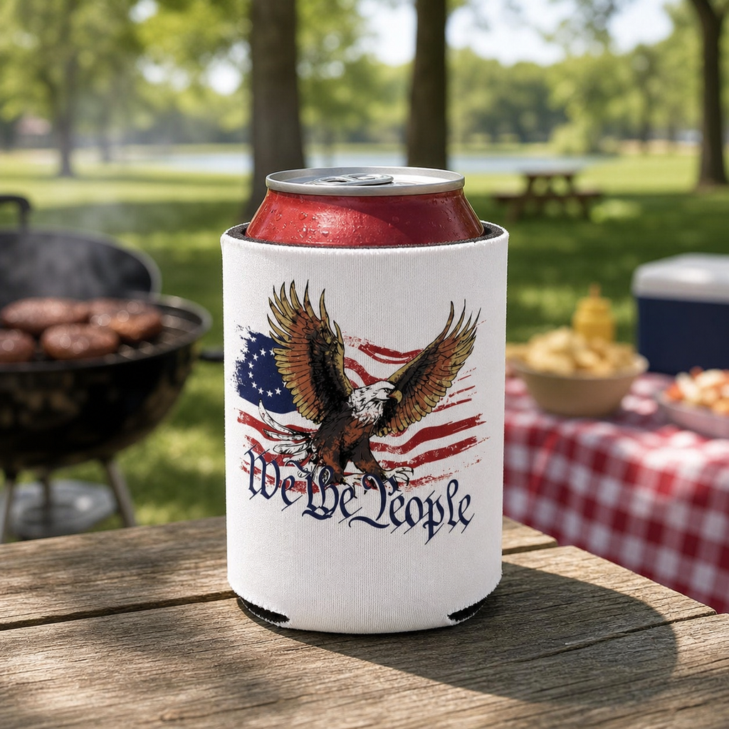 We The People - American Eagle - Can Cooler 6-Pack — foam can cooler with patriotic firearms graphic — Reborn XII