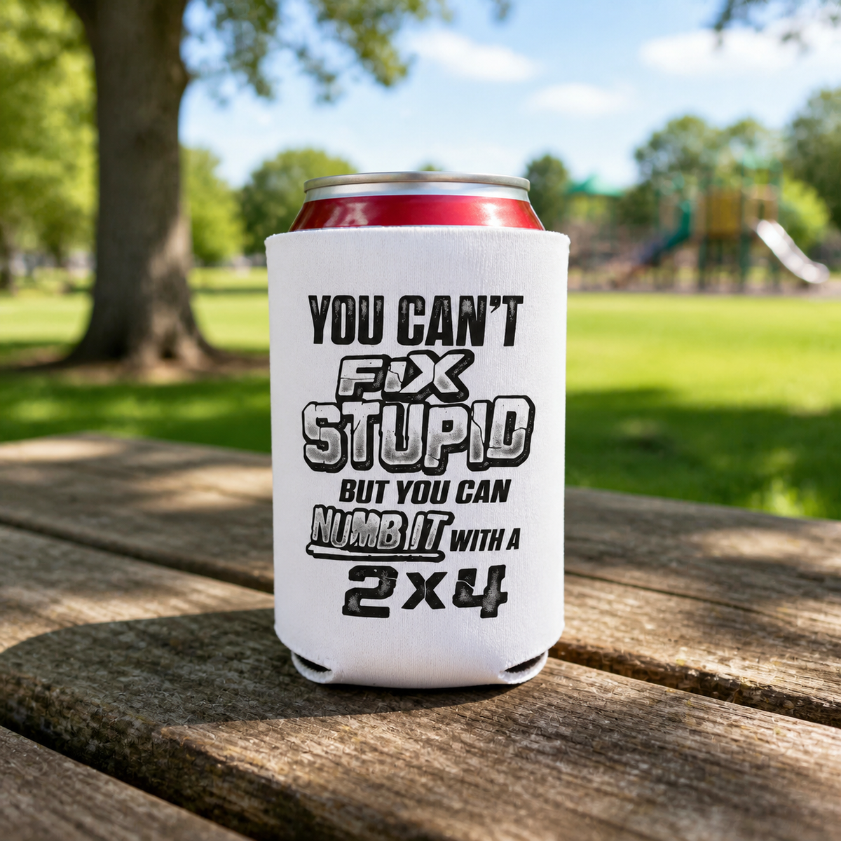 You Can't Fix Stupid - Can Cooler 6-Pack — foam can cooler with drinking-humor graphic — Reborn XII
