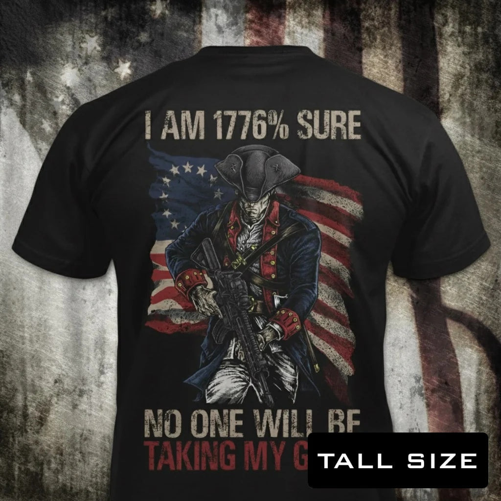 1776% Sure distressed graphic men's tall T-shirt in black — distressed patriotic firearms graphic — Reborn XII