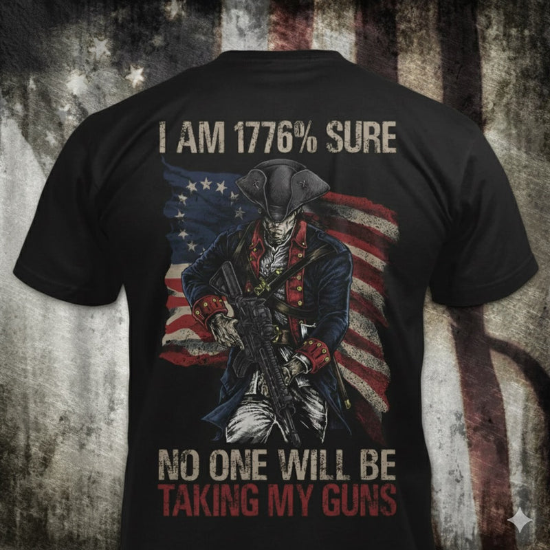 1776% Sure distressed graphic men's T-shirt in black — distressed patriotic firearms graphic — Reborn XII