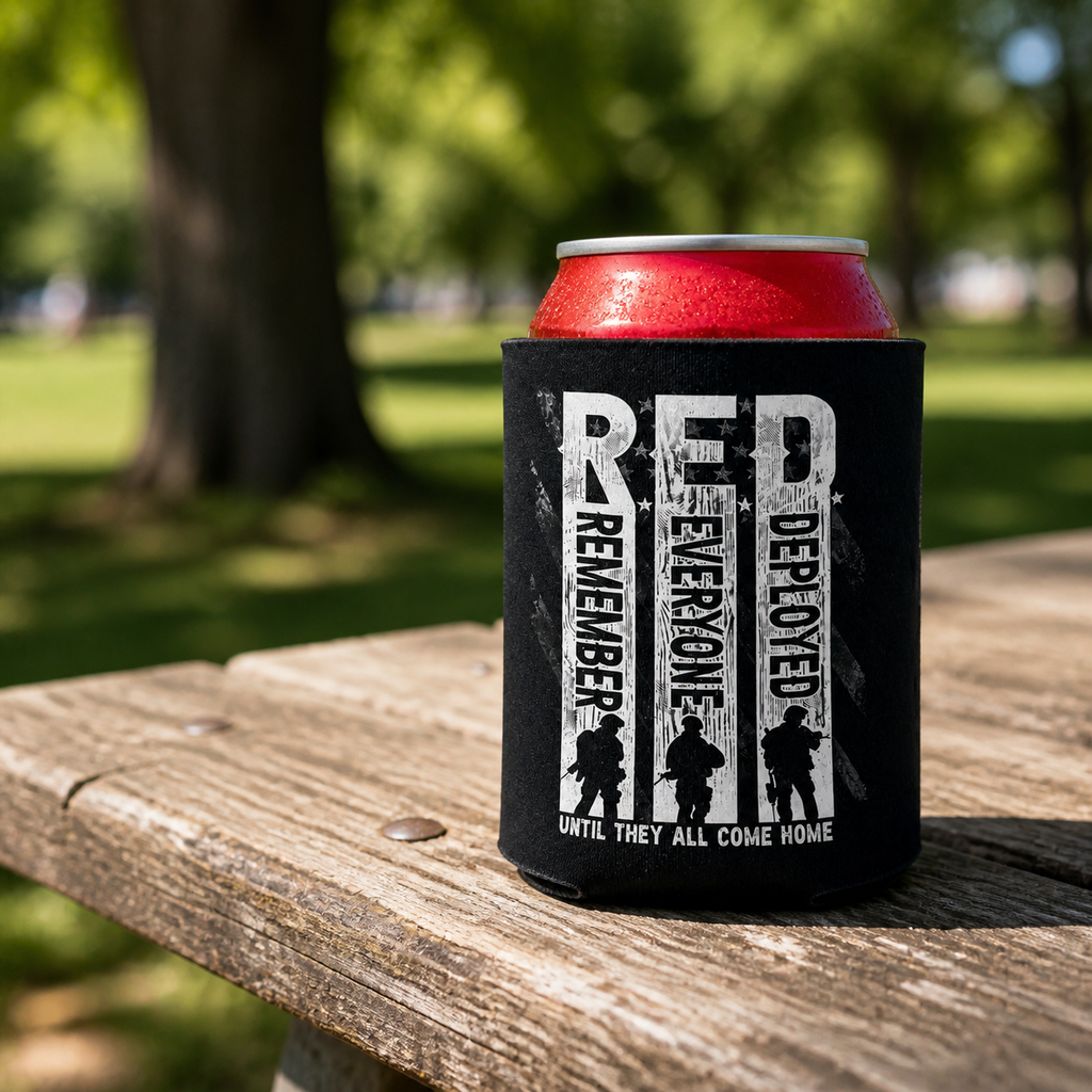 Remember Everyone Deployed - Can Cooler 6-Pack — foam can cooler with military and American flag graphic — Reborn XII