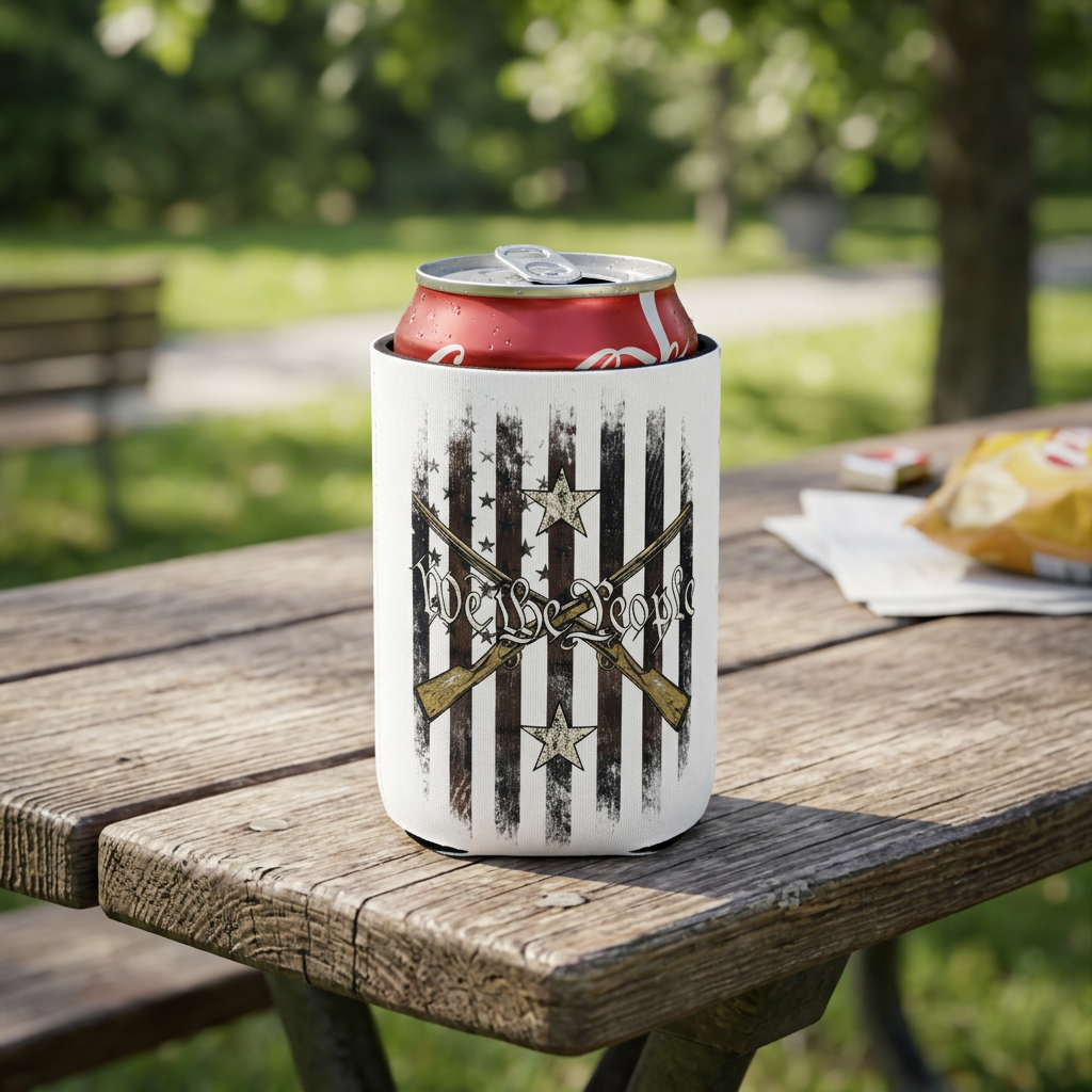 Liberty Rifles - Can Cooler 6-Pack — foam can cooler with patriotic firearms graphic — Reborn XII