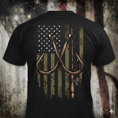 Patriotic Angler distressed graphic men's T-shirt in olive — distressed faith and cross graphic — Reborn XII