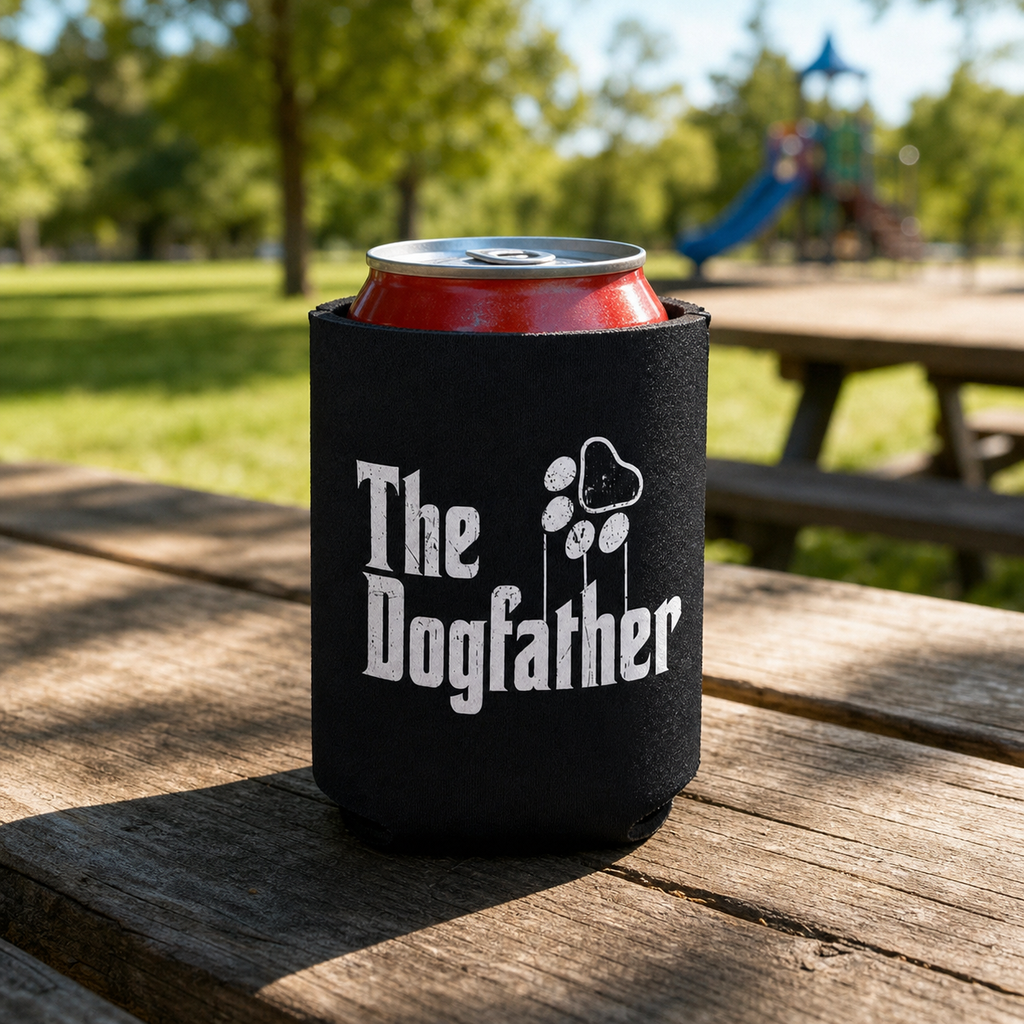 The Dogfather - Can Cooler 6-Pack — foam can cooler with dog-lover graphic — Reborn XII