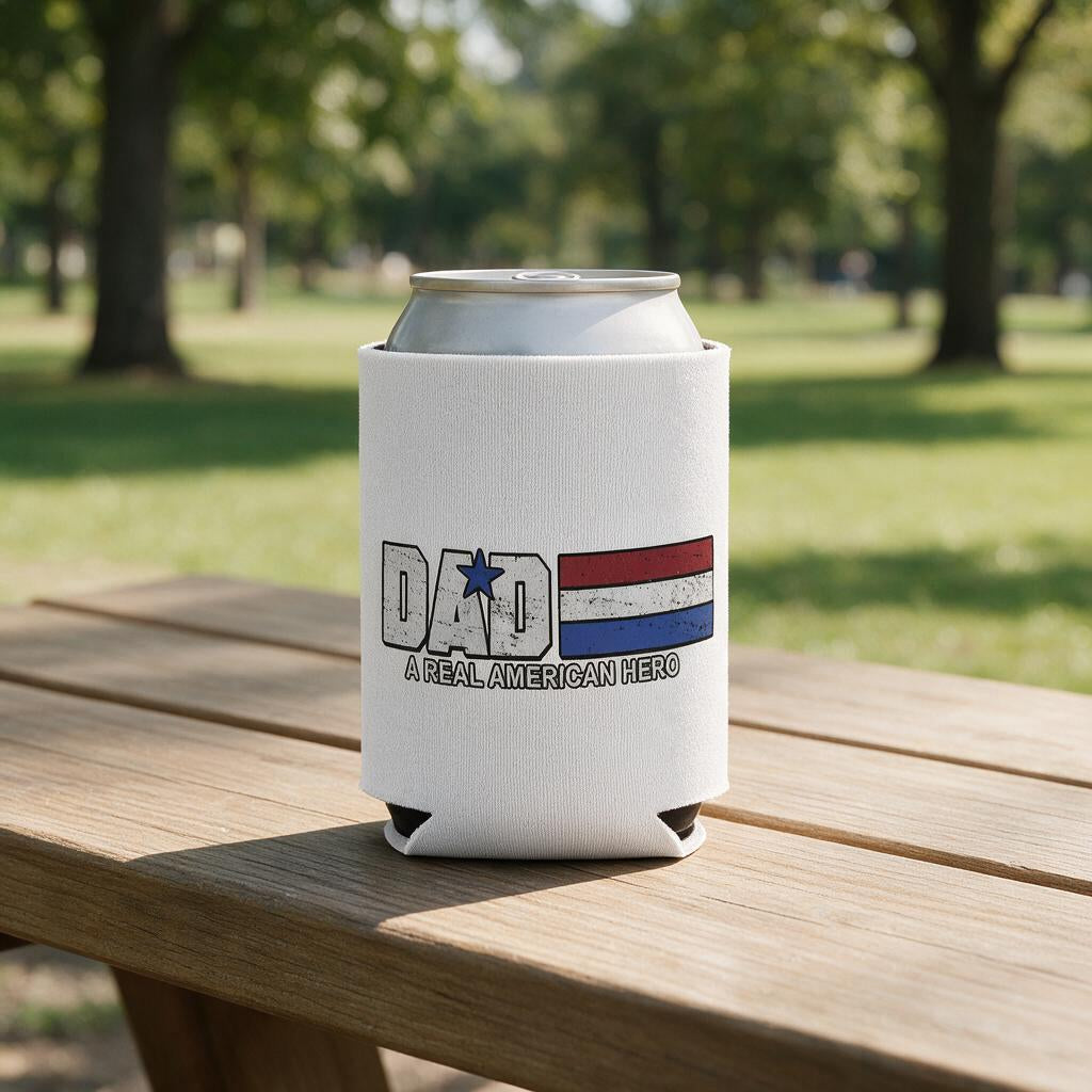 Dad - A Real American Hero - Can Cooler 6-Pack — foam can cooler with funny dad graphic — Reborn XII