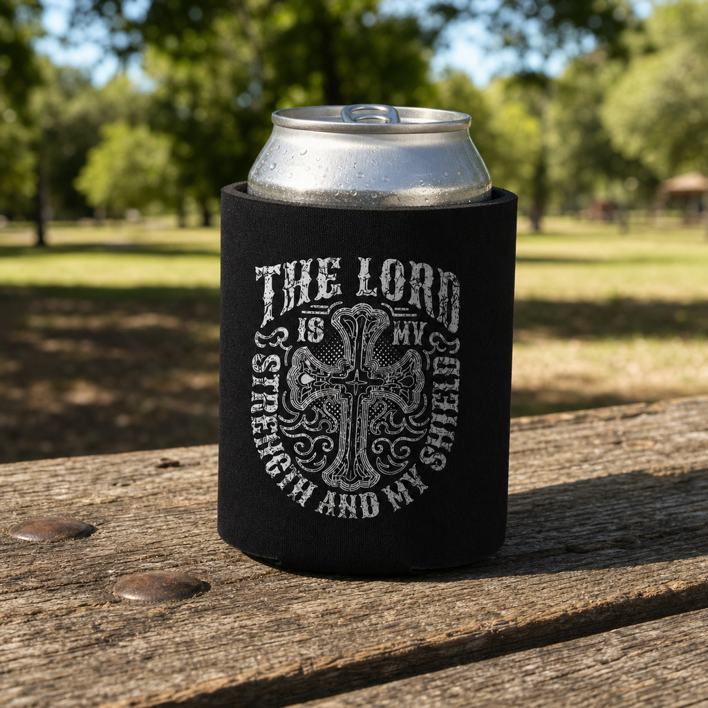 The Lord Is My Shield - Can Cooler 6-Pack — foam can cooler with faith and cross graphic — Reborn XII