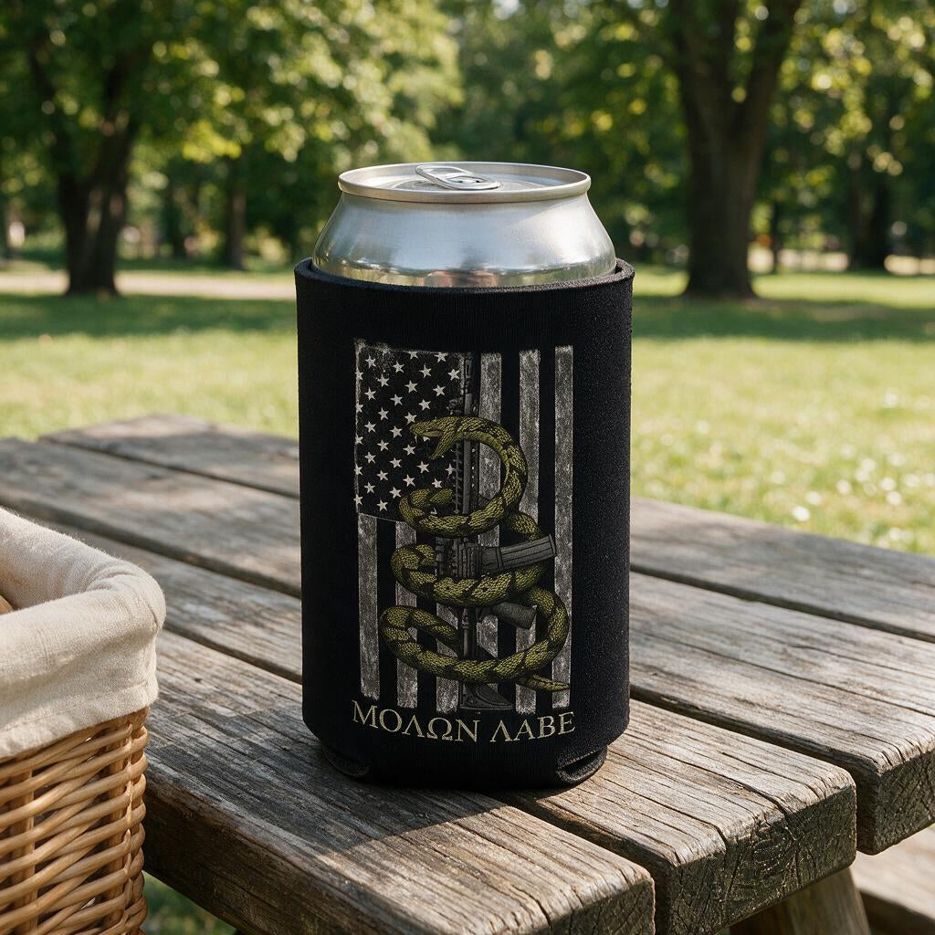 Gadsden Snake - Can Cooler 6-Pack — foam can cooler with patriotic firearms graphic — Reborn XII