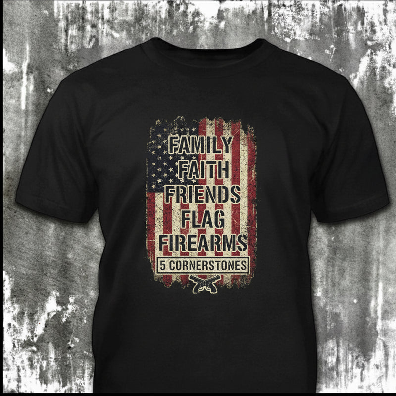 5 Cornerstones distressed graphic men's T-shirt in black — distressed faith and cross graphic — Reborn XII