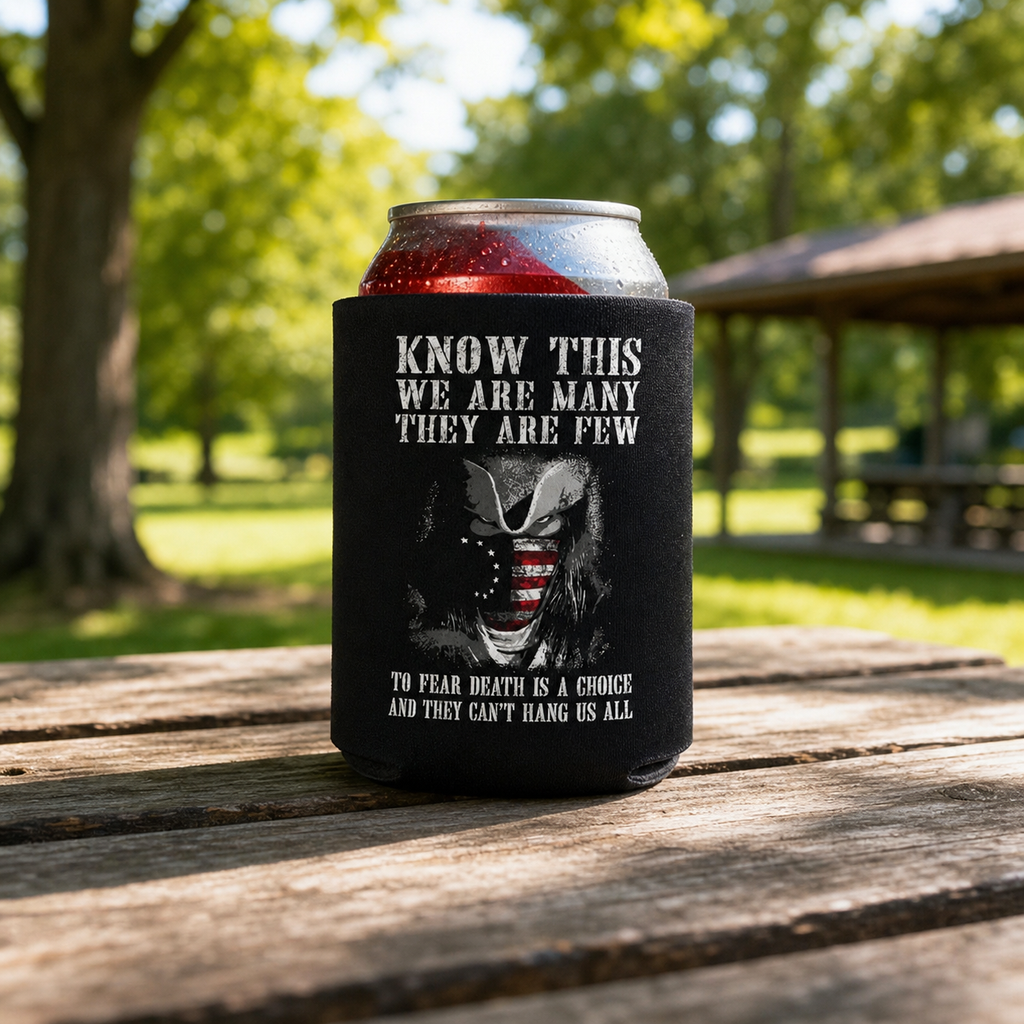 Can't Hang Us All - Can Cooler 6-Pack — foam can cooler with patriotic firearms graphic — Reborn XII
