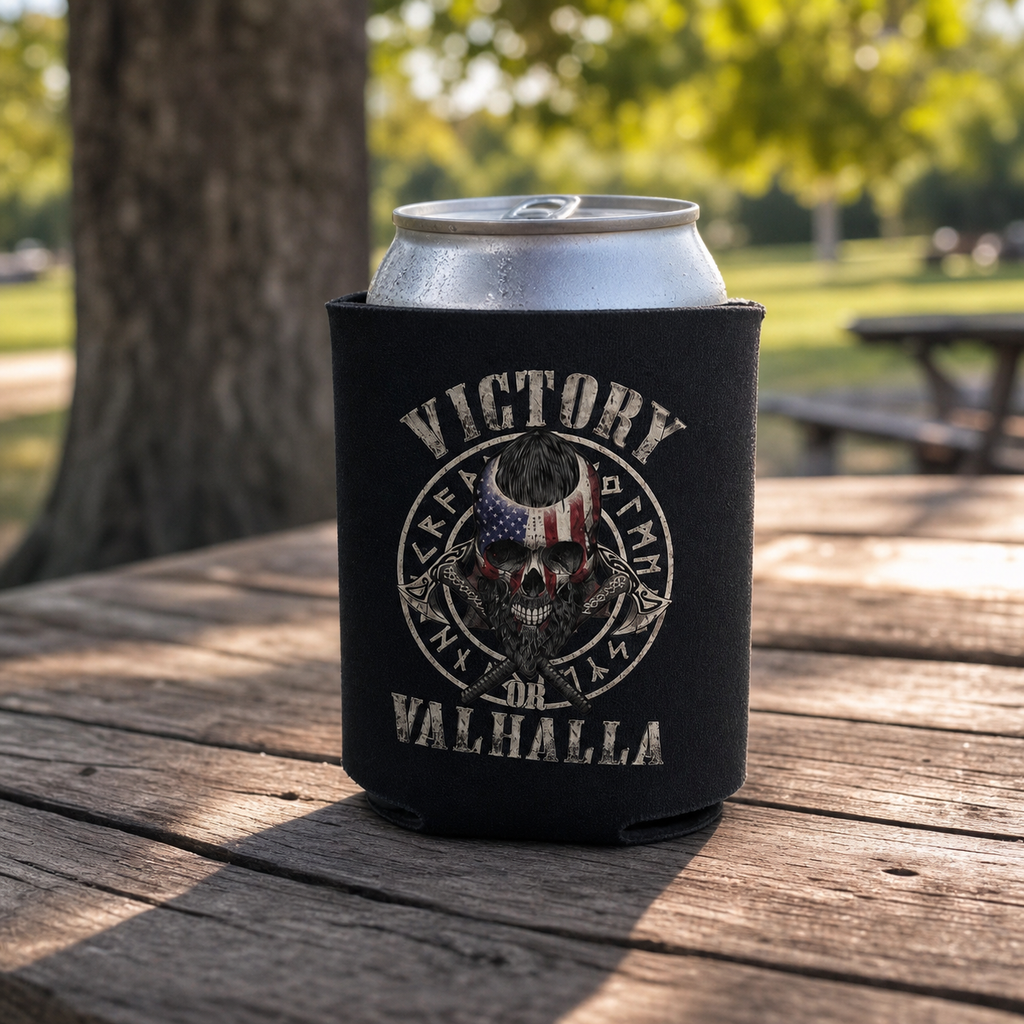 Victory Or Valhalla - Can Cooler 6-Pack — foam can cooler with Celtic and warrior graphic — Reborn XII