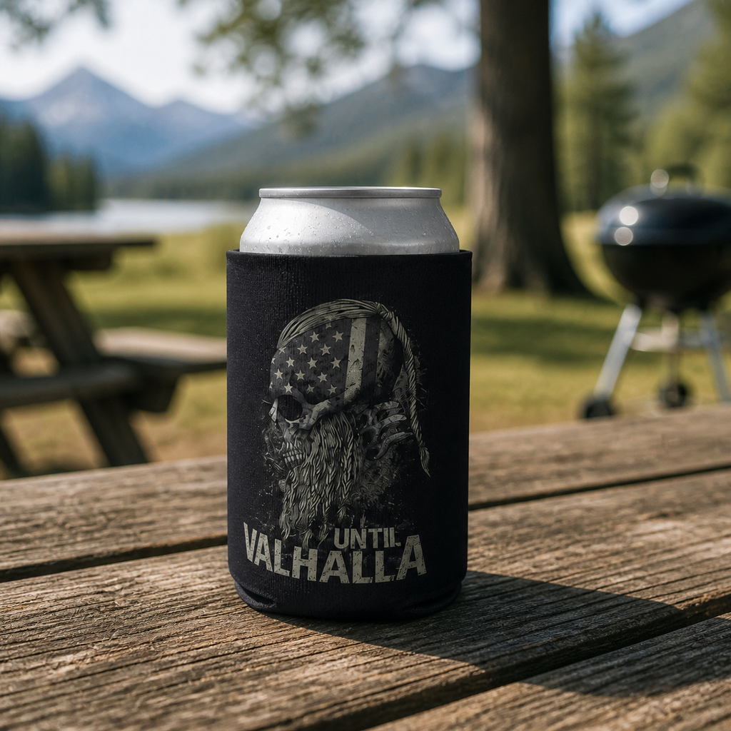Until Valhalla - Can Cooler 6-Pack — foam can cooler with Celtic and warrior graphic — Reborn XII