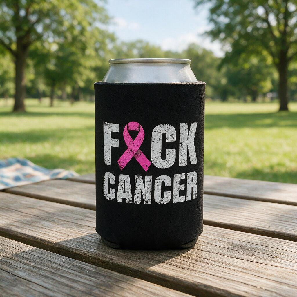 Stand Against Breast Cancer - Can Cooler 6-Pack — foam can cooler with cancer awareness graphic with a pink ribbon — Reborn XII