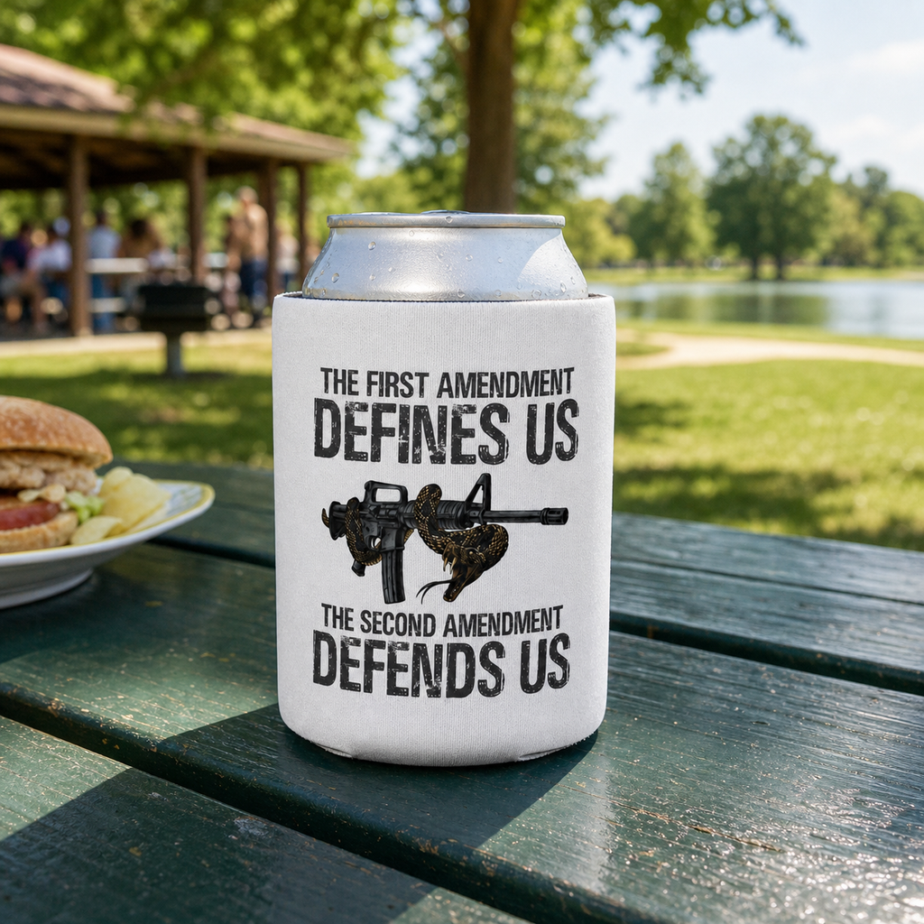 Defending Freedom - Can Cooler 6-Pack — foam can cooler with military and American flag graphic — Reborn XII
