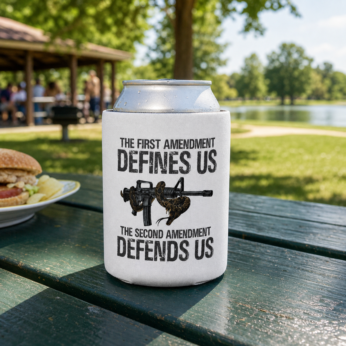 Defending Freedom - Can Cooler 6-Pack — foam can cooler with military and American flag graphic — Reborn XII