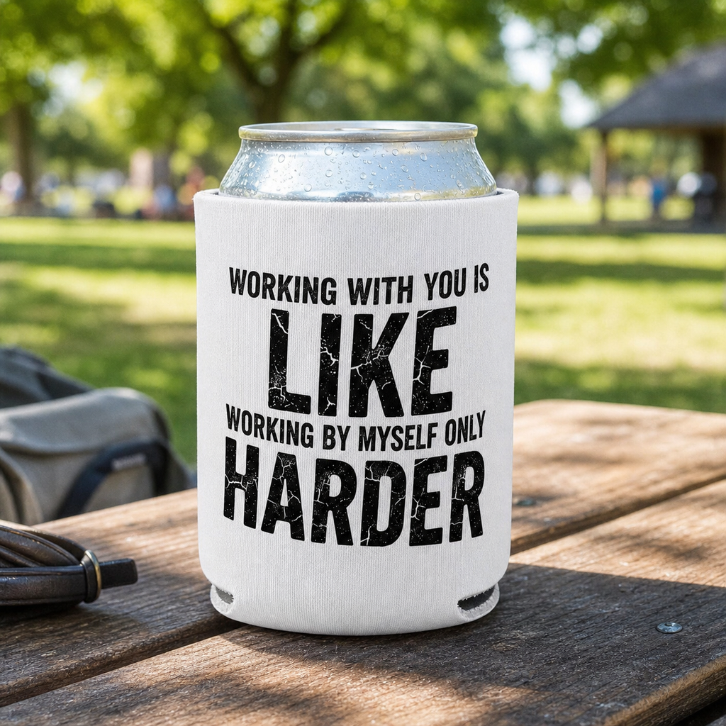 Working With You - Can Cooler 6-Pack — foam can cooler with drinking-humor graphic — Reborn XII
