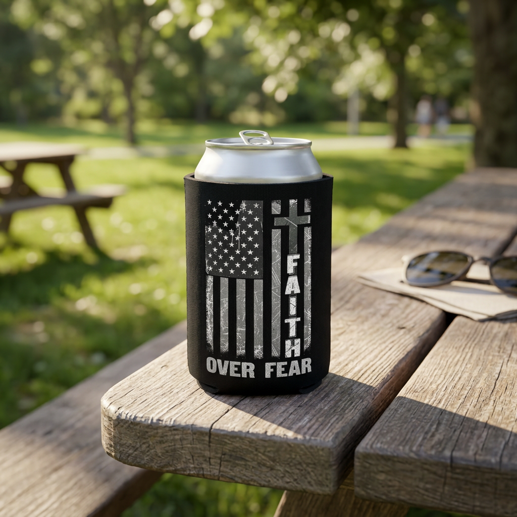 Cross Of Courage - Can Cooler 6-Pack — foam can cooler with faith and cross graphic — Reborn XII