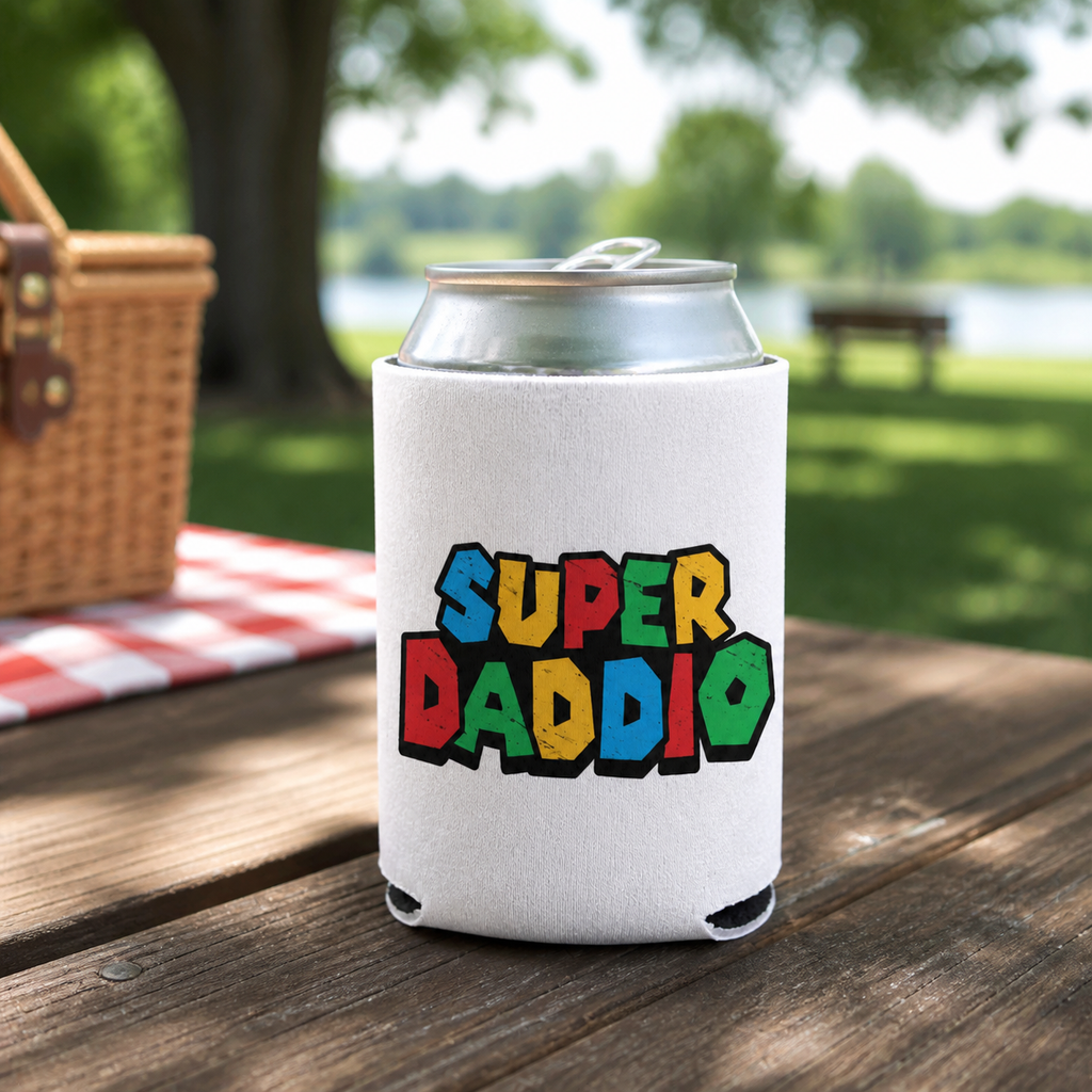 Super Daddio - Can Cooler 6-Pack — foam can cooler with funny dad graphic — Reborn XII