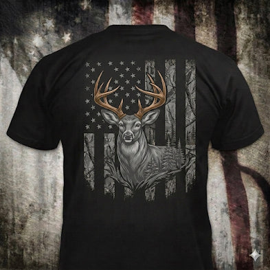 Patriotic Woodsman distressed graphic men's T-shirt in camouflage — distressed hunting and outdoors graphic — Reborn XII