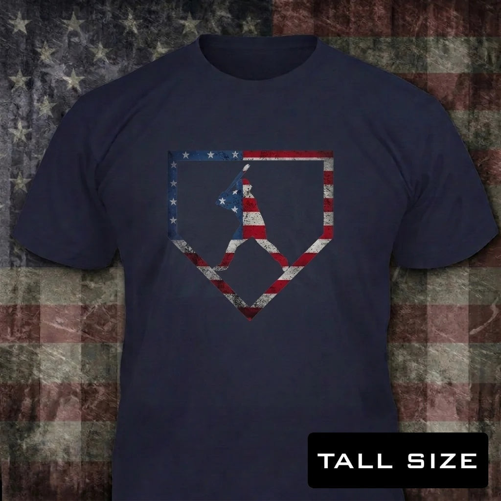 America's Pastime distressed graphic men's tall T-shirt in navy — distressed patriotic baseball graphic — Reborn XII