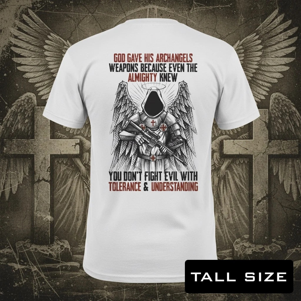 Archangels distressed graphic men's tall T-shirt in black — distressed faith and cross graphic — Reborn XII
