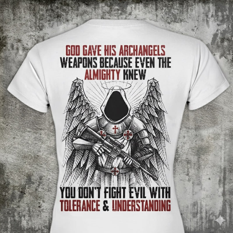 Archangels distressed graphic women's T-shirt in black — distressed faith and cross graphic — Reborn XII