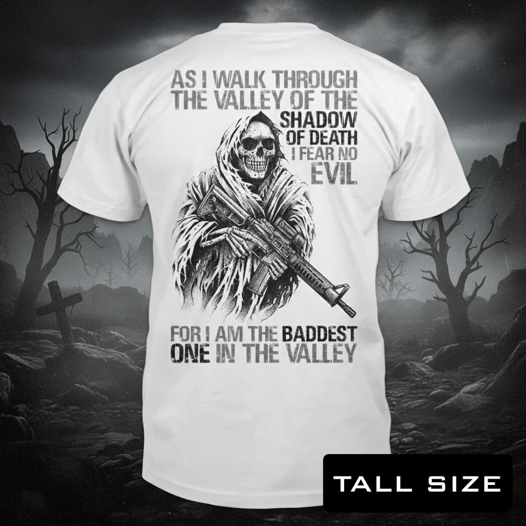 Baddest In The Valley distressed graphic men's tall T-shirt in black — distressed patriotic firearms graphic — Reborn XII