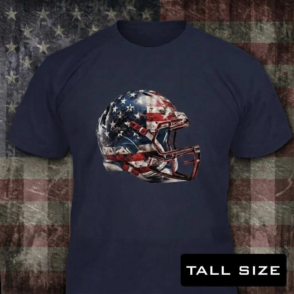 Battle-Tested Patriot distressed graphic men's tall T-shirt in navy — distressed patriotic football graphic — Reborn XII