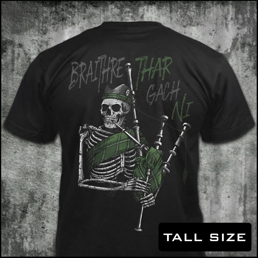 Bráithre Thar Gach Ní distressed graphic men's tall T-shirt in black — distressed military and American flag graphic — Reborn XII