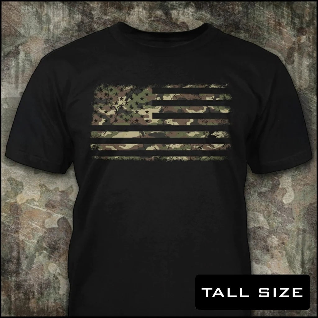 Camo Freedom distressed graphic men's tall T-shirt in black — distressed military and American flag graphic — Reborn XII