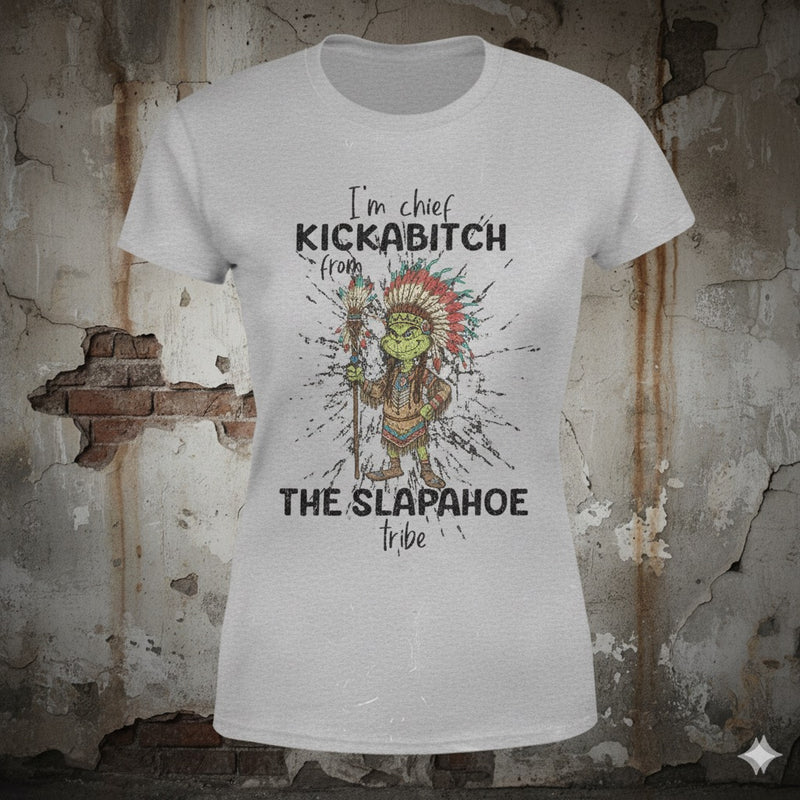 Chief Kickabitch distressed graphic women's T-shirt in black — bold women’s empowerment graphic — Reborn XII
