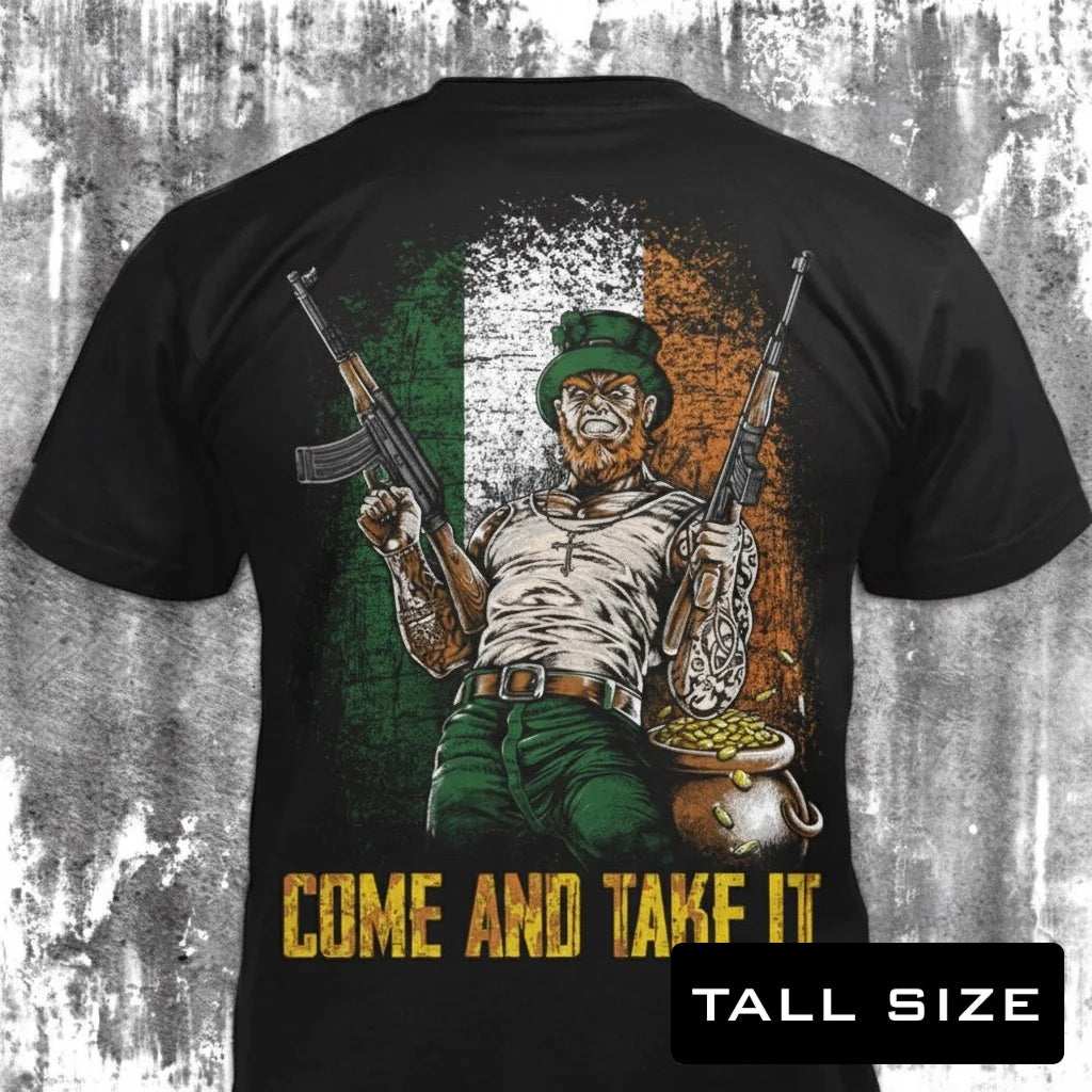 Come And Take It distressed graphic men's tall T-shirt in black — distressed patriotic firearms graphic — Reborn XII