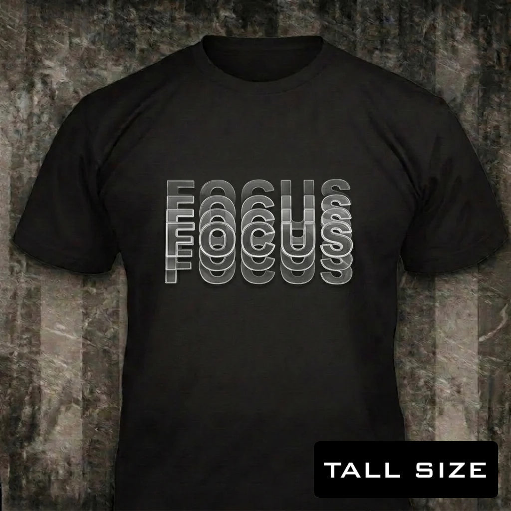Coming Into Focus distressed graphic men's tall T-shirt in black — bold blurred typography graphic — Reborn XII