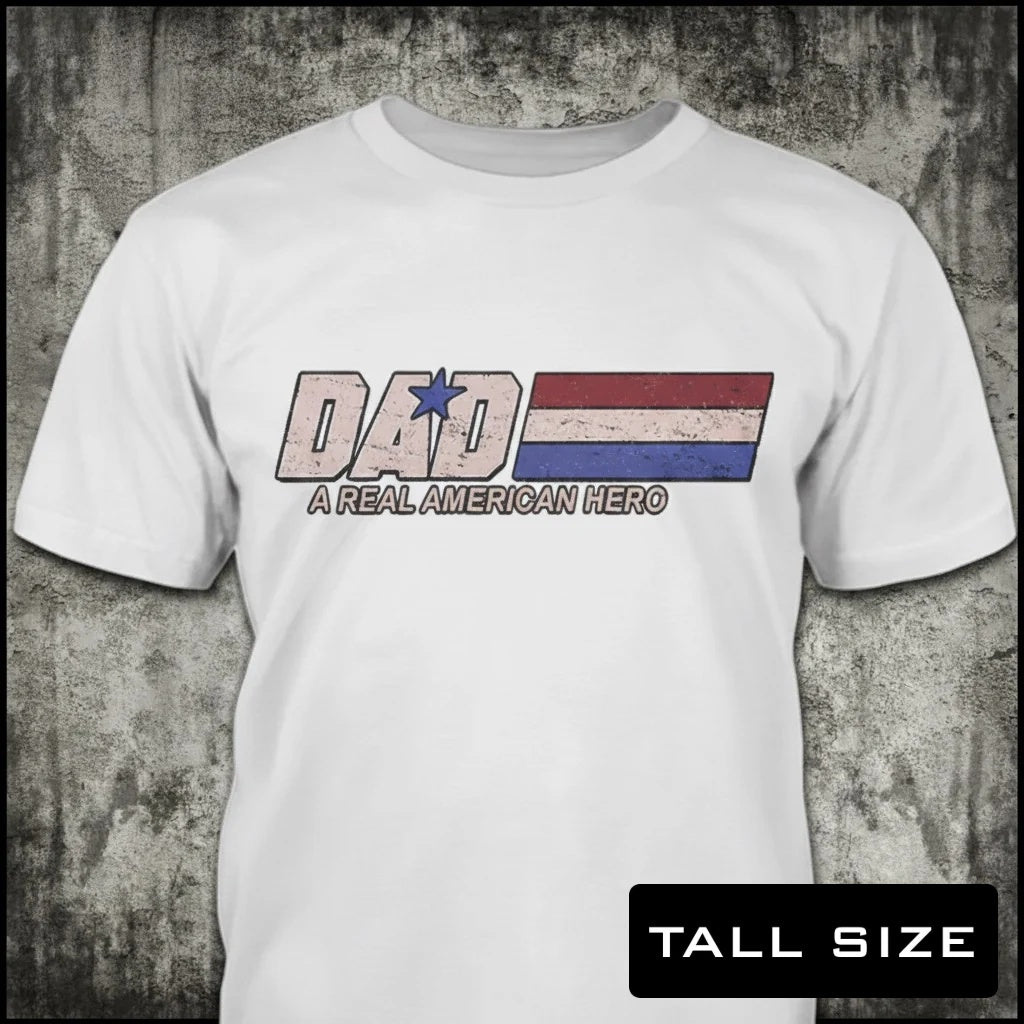 Dad - A Real American Hero distressed graphic men's tall T-shirt in white — distressed military and American flag graphic — Reborn XII