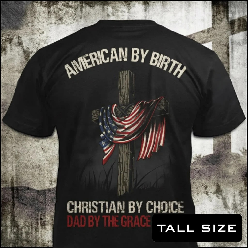 Dad By The Grace Of God distressed graphic men's tall T-shirt in black — distressed faith and cross graphic — Reborn XII