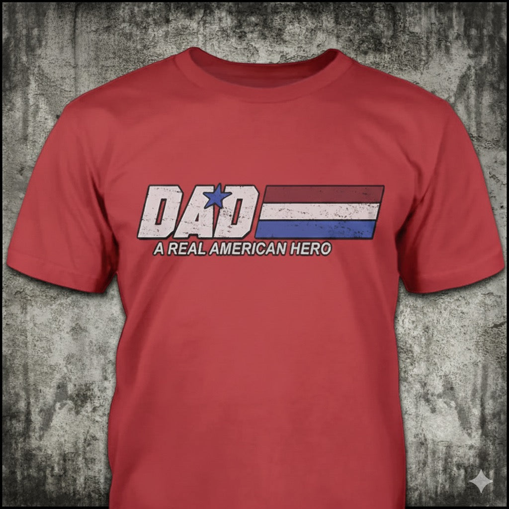 Dad - A Real American Hero distressed graphic men's T-shirt in red - view 2 - Reborn XII