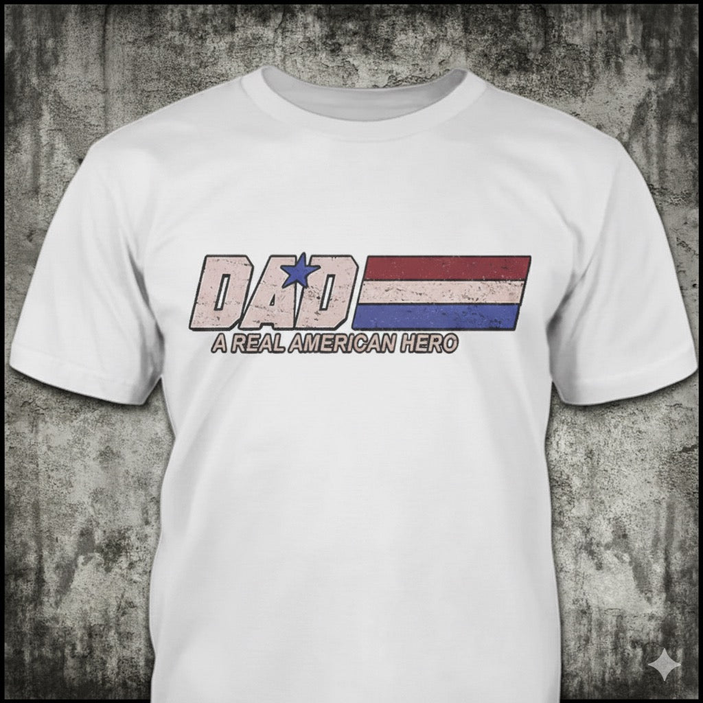 Dad - A Real American Hero distressed graphic men's T-shirt in white from Reborn XII