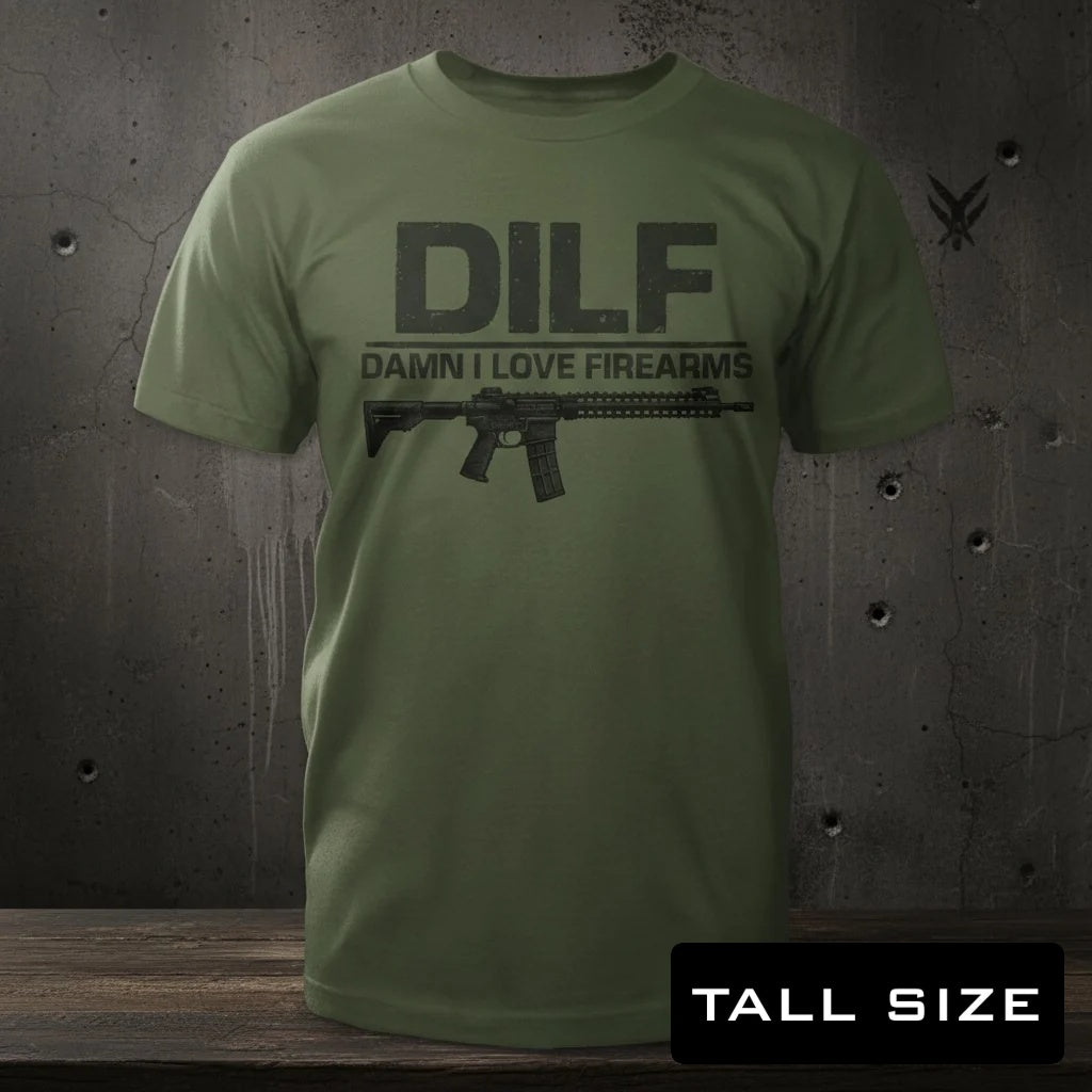 Damn I Love Firearms distressed graphic men's tall T-shirt in black — distressed patriotic firearms graphic — Reborn XII