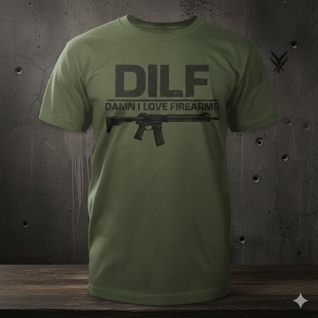 Damn I Love Firearms distressed graphic men's T-shirt in army green from Reborn XII