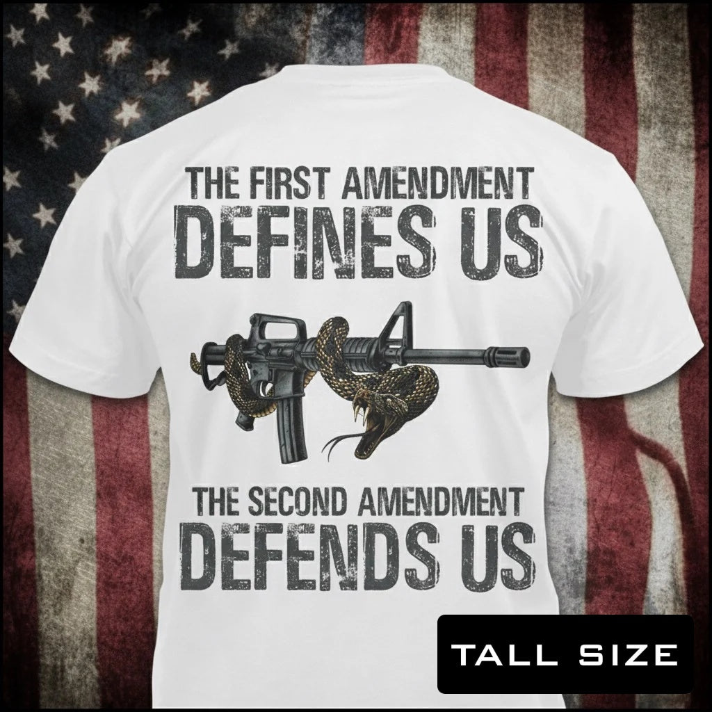 Defending Freedom distressed graphic men's tall T-shirt in white — distressed patriotic firearms graphic — Reborn XII
