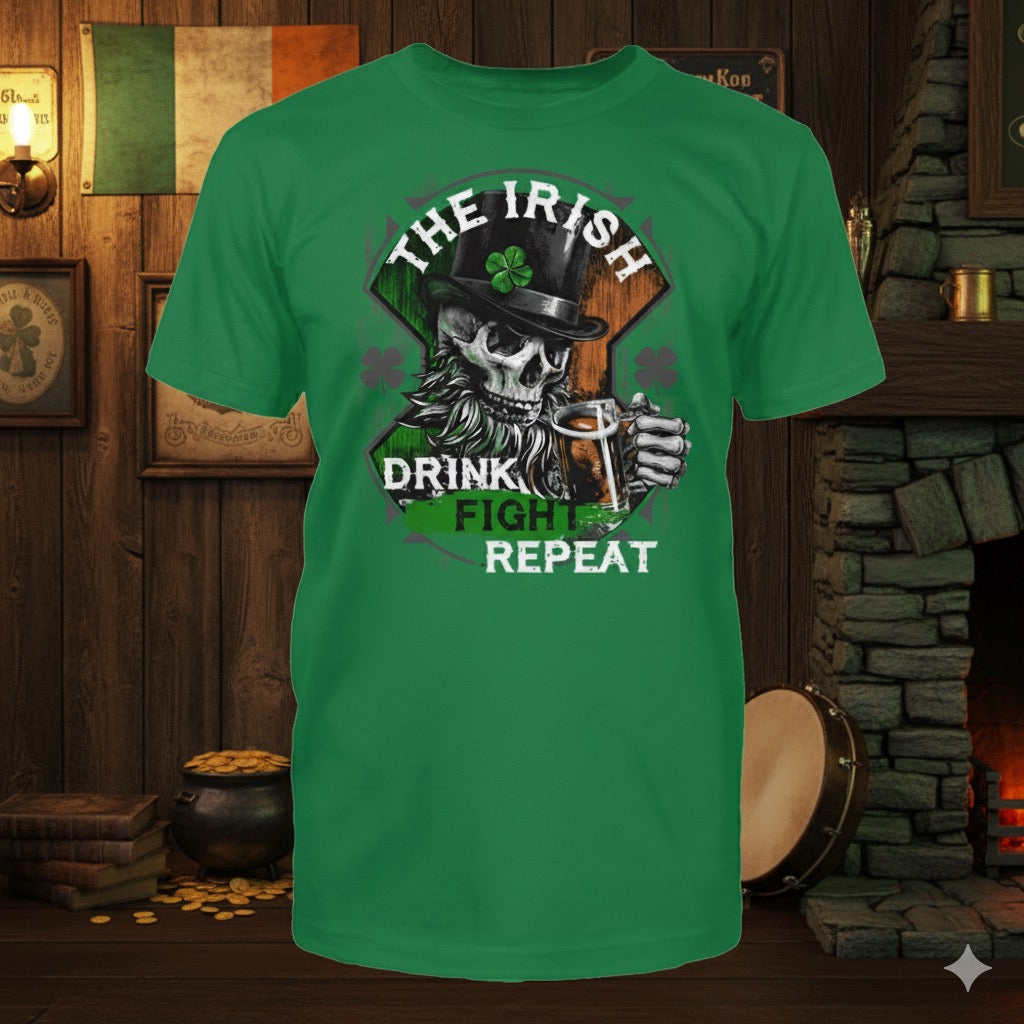 Drink Fight Repeat distressed graphic men's T-shirt in green from Reborn XII
