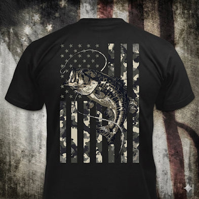 Patriotic Catch distressed graphic men's T-shirt in camouflage — distressed hunting and outdoors graphic — Reborn XII