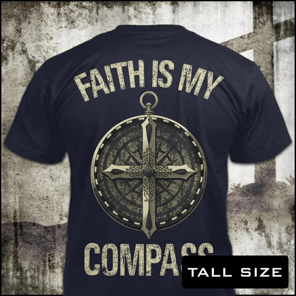 Faith Is My Compass distressed graphic men's tall T-shirt in black — distressed faith and cross graphic — Reborn XII