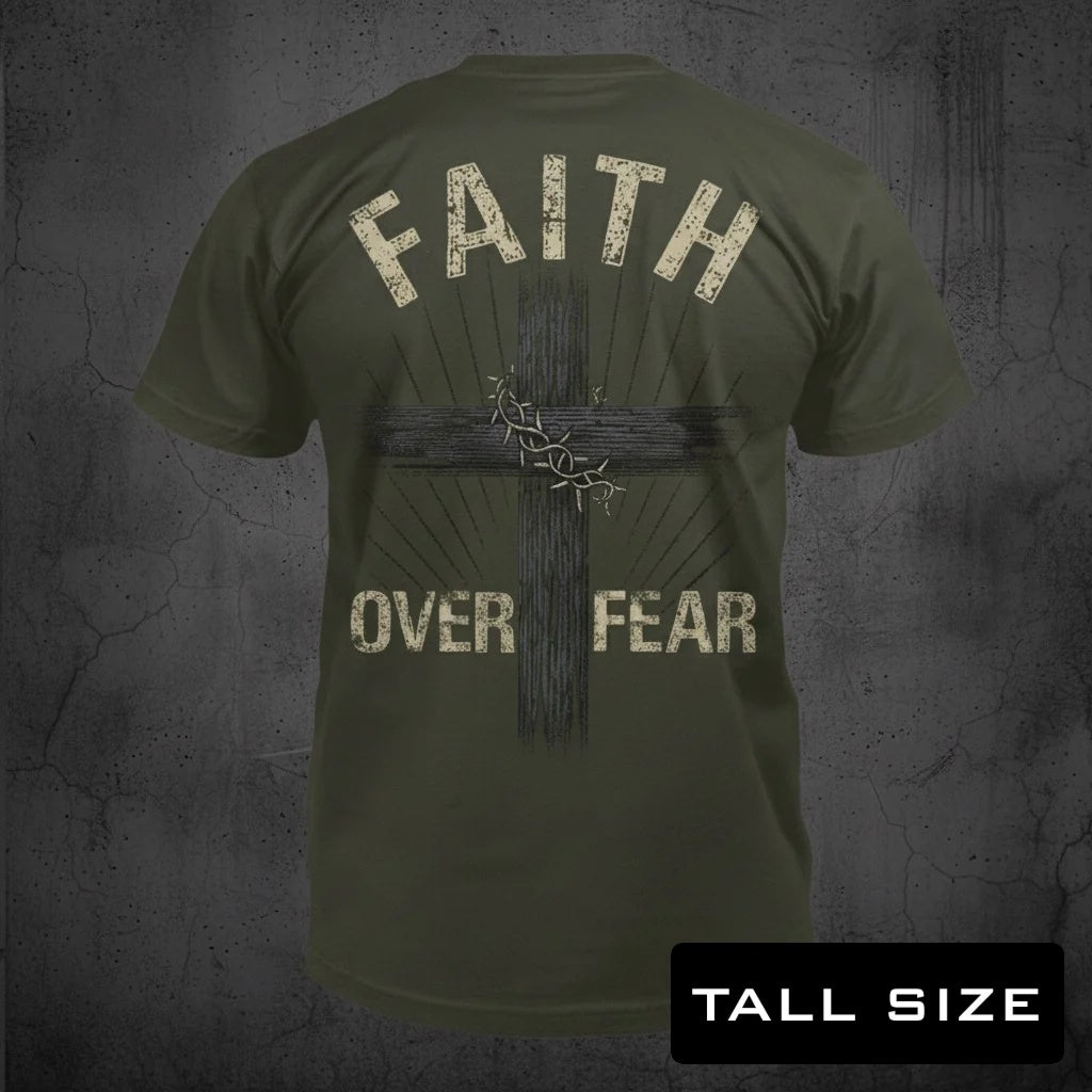 Faith Over Fear distressed graphic men's tall T-shirt in black — distressed faith and cross graphic — Reborn XII